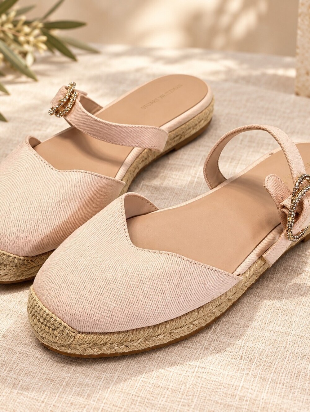 Stuart Weitzman Blush Pink Crystal Buckle Espadrille Platform Flat Sandals 9z